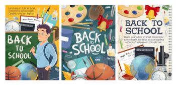 Back to School posters for September education season in college and university. Vector design of school stationery and lesson books, student with backpack, sport training ball or calculator and globe