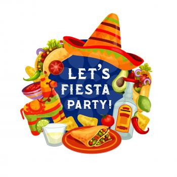 Cinco de Mayo greeting quote, Let Fiesta Party Mexican holiday poster. Vector Cinco de Mayo celebration food and tequila, sombrero with pinata, quesadilla and jalapeno chili pepper