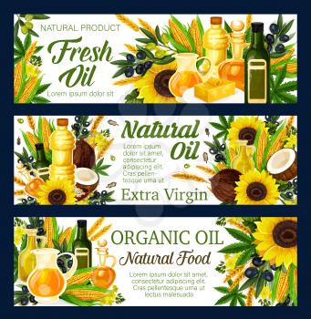 Natural oils, salads dressing and food cooking ingredient. Vector sunflower, olive or linseed flax and peanut and maize corn or coconut oil in bottles and jars