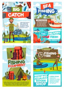 Fishing tourism or fish catch sport adventure. Vector fisherman at lake or sea in rubber boat with rod and camping tent, fishing tackle and lures for pike, perch or seafood octopus