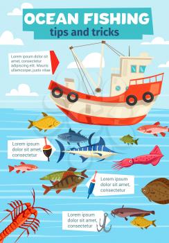 Fishery boat, ocean and sea fishing. Vector fisherman ship with net and big catch of marlin, flounder or carp and salmon fish with shrimp, squid and crab seafood
