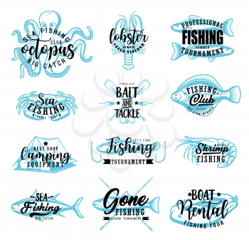 Sea fishing or fisherman club sketch lettering icons. Vector fisher adventure calligraphy symbols of rod and hook, ocean tuna or lake trout and flounder, lures and tackles, seafood octopus and shrimp