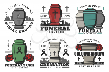 Funeral and funerary urn columbarium or burial ceremony service agency icons. Vector symbols of cremation urn on cemetery graveyard with cross, flowers and doves with black ribbon