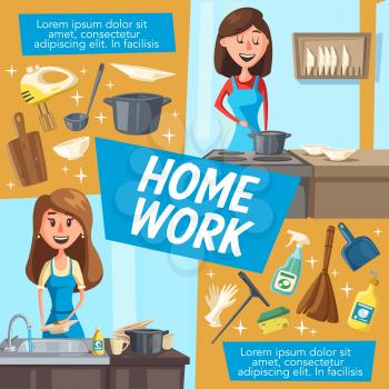 Woman doing housework or household chores. Housewife and young mom cooking and washing dishes in kitchen. House cleaning, vector mop and cleaner, broom and dustpan