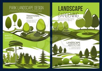 Landscape design and landscaping service vector banners with green garden tree, park lawn and forest nature view. Landscape architecture, gardening and horticulture theme
