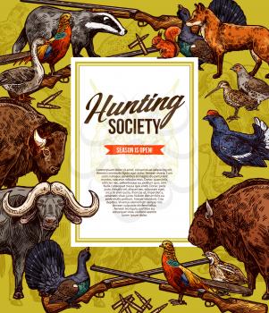 Hunting season wild animals, birds and hunter gun sketches. Buffalo, fox and pheasant, lynx, ox and bison, quail, badger and squirrel, goose, partridge and grouse, rifle and shotgun. Vector animals