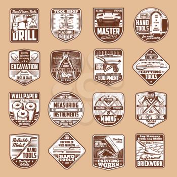 Tools vector icons with hammer, drill and ruler, spanner, paint roller and saw, axe, toolbox and trowel, pickaxe and shovel on vintage shield. Construction, carpentry, house repair and mining industry