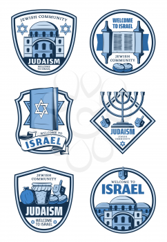 Judaism religion and Israel travel badges. Vector Hanukkah holiday menorah, Torah and Star of David, dreidel, honey and donuts, pomegranate and Jerusalem synagogue. Jewish religion, tourism symbols