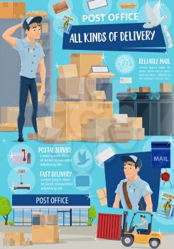 Post office, postal service, mail and parcel delivery. Cartoon postman or mailman with boxes and packages, letters, mailbox and postage stamp, pigeon, newspaper and correspondence, vector