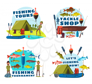 Fishing sport tour vector icons with fisherman, fish catch and equipment. Fisher with lure, hooks and boats, fishing rods, baits and tackle, lake trout, ocean marlin and sea bass