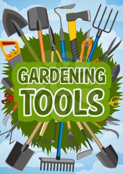 Gardening work tools of rake, shovel and fork, watering can, hose and trowel, bucket, wheelbarrow and pruner, axe, pitchfork and green grass. Farming and agriculture instruments, vector
