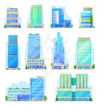Shopping mall glass multi-storey buildings, store and mart vector icons. Facades of business center, modern skyscraper and store constructions, office buildings, retail shops and mart