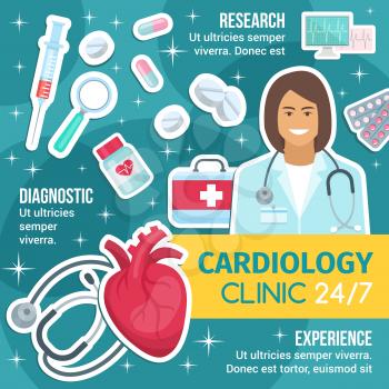 Cardiology research, experience and diagnostics medicine. Cardio clinic vector brochure, cardiologist doctor, cardiac icons. Stethoscope and heart, medical kit pills, syringe and magnifier