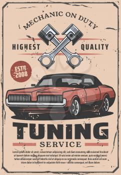 Tuning service, vector retro design. Mechanic on duty, car diagnostic and repair service of gasoline engine parts, wheel and spanner, pistons or porcer vintage brochure. Garage station maintenance