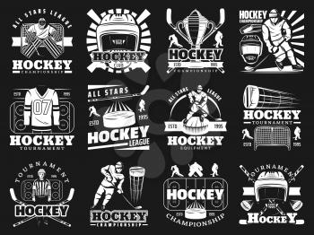 Ice hockey icons with players and sport items. Helmet and stick, puck and shirt with number, trophy cup and referee, gates and sportsman on skates. Team game tournament, championship symbols