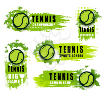 Tennis sport club or championship game vector icons. Vector isolated labels and badges of flying green ball and blobs. Sporting items on tournament announcement, tennis school