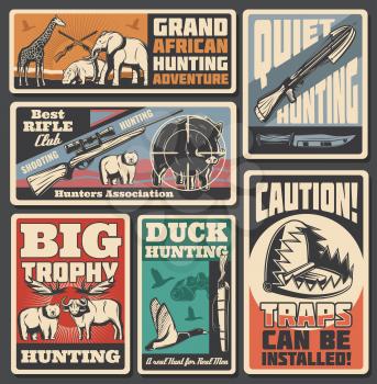 Animals and weapon of hunting sport retro vector posters. African safari and forest mammals, rifle and crossbow, knife or trap. Elephant and giraffe, duck and boar, buffalo and hippo, outdoor activity
