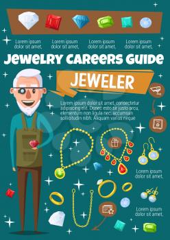 Jewelry and gemstone, jeweler profession, cartoon vector. Man with magnifier and necklace, ring and earrings, diamond and gold chain. Professional and accesories inlaid with precious stones