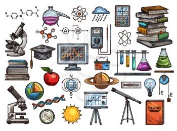 Vector education and science sketch icons. Chemical formula and flasks, books and microscope, student hat and monitor, globe and planet, DNA and compass, voltmeter and atom, light bulb and molecule