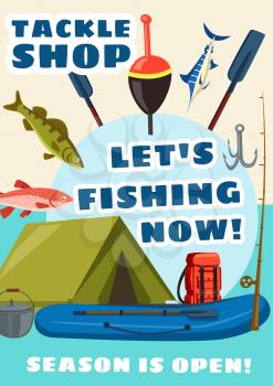 Fishing sport equipment store, tackle shop vector poster. Fish and fishery, paddles for boat, bait and hook, camping tent and backpack, rod and cattle for campfire. Mullet and pike with pipefish