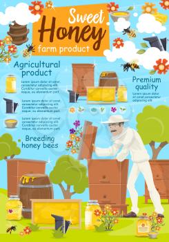Beekeeping poster for apiary and beekeeper. Man taking honey from beehive with bees swarm flying around on beekeeping farm. Jars and barrels or honeycombs on grass field, flowers with pollen vector
