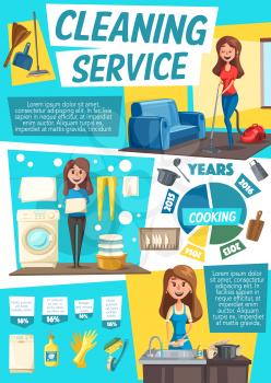 House cleaning service vector infographic, housewife vacuuming a floor, doing laundry and washing dishes. Clean clothes and vacuum cleaner, dishware and detergent, sink and mop, broom scoop