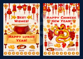 Happy Chinese Lunar New Year greeting cards of holiday celebration. Vector Chinese hieroglyph wish on scroll, golden dragon and coin symbols, red paper lanterns and fans, golden sycee ingot and drum