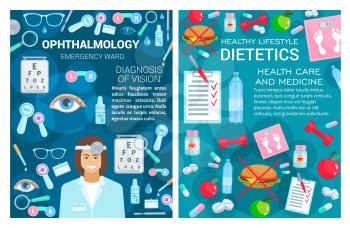 Ophthalmology and dietetics, doctors and medical tools. Vector eye and lens, drops and glasses, magnifier and scalpel, burger and apple, water and scales, pills and vitamins, dumbbell and prescription