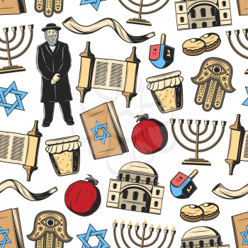 Judaism seamless pattern of Jewish religious and Hanukkah. Vector background of synagogue, Menorah candles or Hamsa hand amulet and rabbi priest, Torah scroll and David Star with Shofar horn pattern