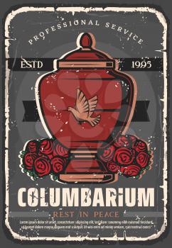Funeral service agency vintage grunge poster. Vector columbarium, cremation urn adn black RIP ribbon, dove and mortuary burial ceremony roses wreath or flowers bunch