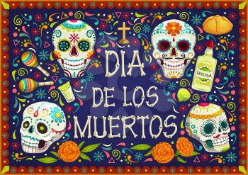 Dia de los Muertos Mexican holiday, Day of Dead celebration party. Vector Dia de los Muertos traditional calavera skull with floral pattern, tomb cross and ritual pie in marigold flowers frame
