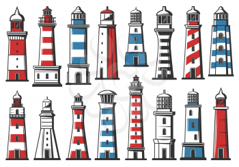 Nautical lighthouse icons, seafarer marine safety sailing light beacon buildings. Vector sea navigator beacon towers architecture with signal light beams