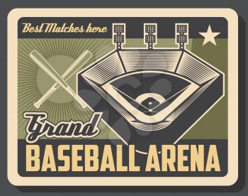 Baseball sport grand arena vintage poster, tournament match cup game. Vector baseball or softball sport league championship stadium, player bat and ball with victory star