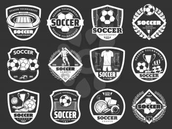 Soccer monochrome black and white icons. Vector soccer sport club team or league championship cup, football ball, referee stopwatch and whistle, player boots and victory laurel on arena stadium