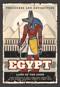 Egypt travel and tourist landmark tours vintage poster. Vector travel agency trips, ancient Egyptian Anubis god and Cairo pharaoh pyramids treasures