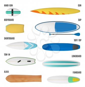 Surfboard types, surfing sport board icons. Vector isolated set of surfboard model names, hand-gun bodyboard or sup with paddle, soft top and shortboard or longboard, funboard, and alaia