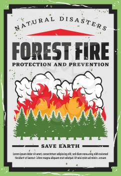 Forest fire fighting, nature protection and wildfire prevention retro poster. Vector natural disaster fire burning trees in woodlands, save earth and planet firefighting warning