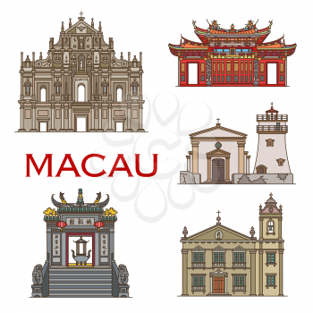 Macau temples and religious historic architecture, famous landmark buildings. Macau vector icons of St Paul cathedral and Saint Antonio church, A-ma temple gates and Guia fortress lighthouse