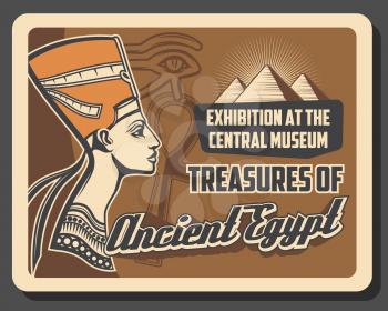 Egypt tourist landmark tours and historic museum vintage poster. Vector travel agency and culture sightseeing of Cairo and Giza pyramids, Nefertiti and pharaoh mummy