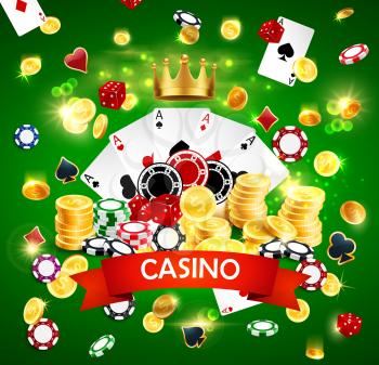 Casino poker poster with joker golden crown, sparkling golden coins win splash and gamble dice. Vector online Vegas casino wheel of fortune roulette with gambling card suits