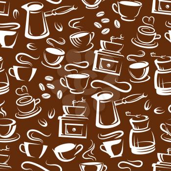 Brown steaming coffee pattern. Vector seamless background of coffee makers and cups with steam, hot americano mug, espresso or latte and cappuccino. Coffeeshop or cafe theme design