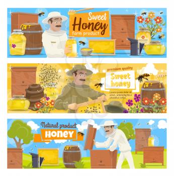 Beekeeping farm and beekeeper vector character. Cartoon man at apiary taking natural honey from honeycomb in hive with bees swarm and flowers, agriculture industry