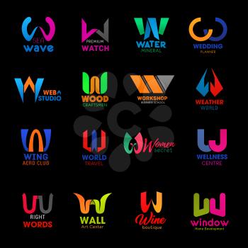 Letter W icons for business company, web studio or home development industry and art center. Vector W symbols for wine shop, wellness center and aero club or travel agency and workshop school