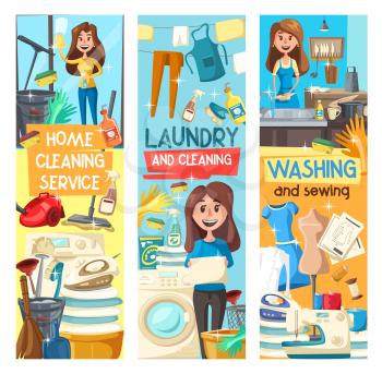 Home cleaning banners for laundry, dish washing and sewing service. Vector cartoon design of woman mopping floor or clean glass mirror, vacuum cleaner and needlework sewing machine