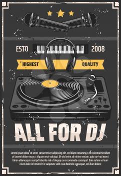 DJ music studio retro poster for professional musical instruments and Hi-Fi high quality sound equipment. Vector grunge design of vinyl record player, synthesizer piano and microphone with headphones