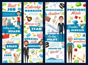 Business manager, aviation pilot or jeweler and supermarket seller professions. Vector cartoon design of men with professional work items, airplane or credit card money and of jewelry gemstones