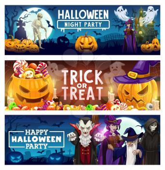 Halloween trick or treat candy, horror pumpkin and creepy monster vector banners. Scary ghosts, bats and witch, spider net, vampire and haunted house with graveyard, skeleton skull, zombie and wizard