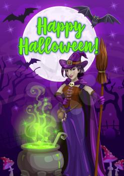 Witch making Halloween potion vector greeting card. Evil sorceress with hat, black magic cauldron and broom, bats, moon, creepy trees and poisonous mushrooms in horror night graveyard