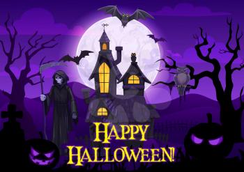 Halloween horror night vector design with spooky pumpkins, bats and owl, moon, ghosts and haunted house, graveyard, death skeleton and skull, creepy trees and tombstones. October holiday celebration