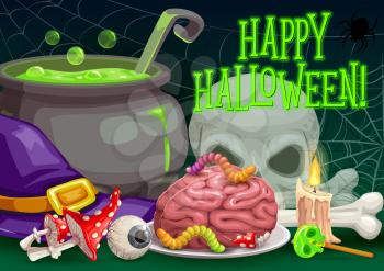 Halloween horror night vector greeting card. Witch hat, skull and spider net, trick or treat candies, zombie brain and eyeball, skeleton bones, potion cauldron, candles and poisonous mushrooms